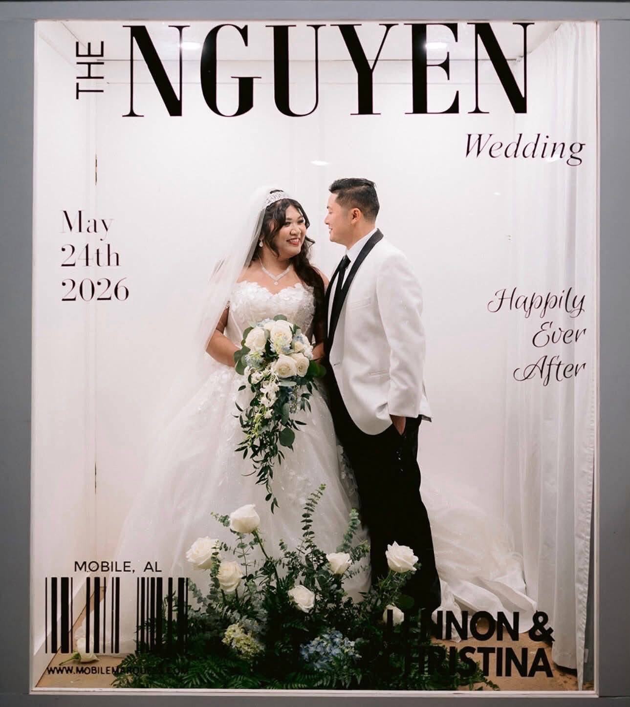 A bride and groom on a Magazine Photo Booth cover reading The Nguyen Wedding